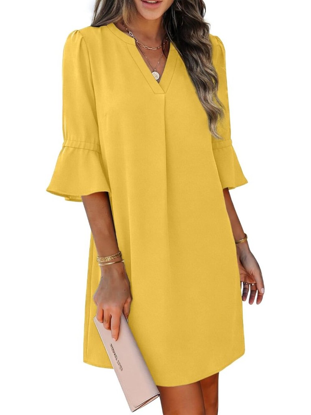 〽️Women's Yellow Shift Dress V Neck Ruffle Sleeve Summer Dress with Pockets